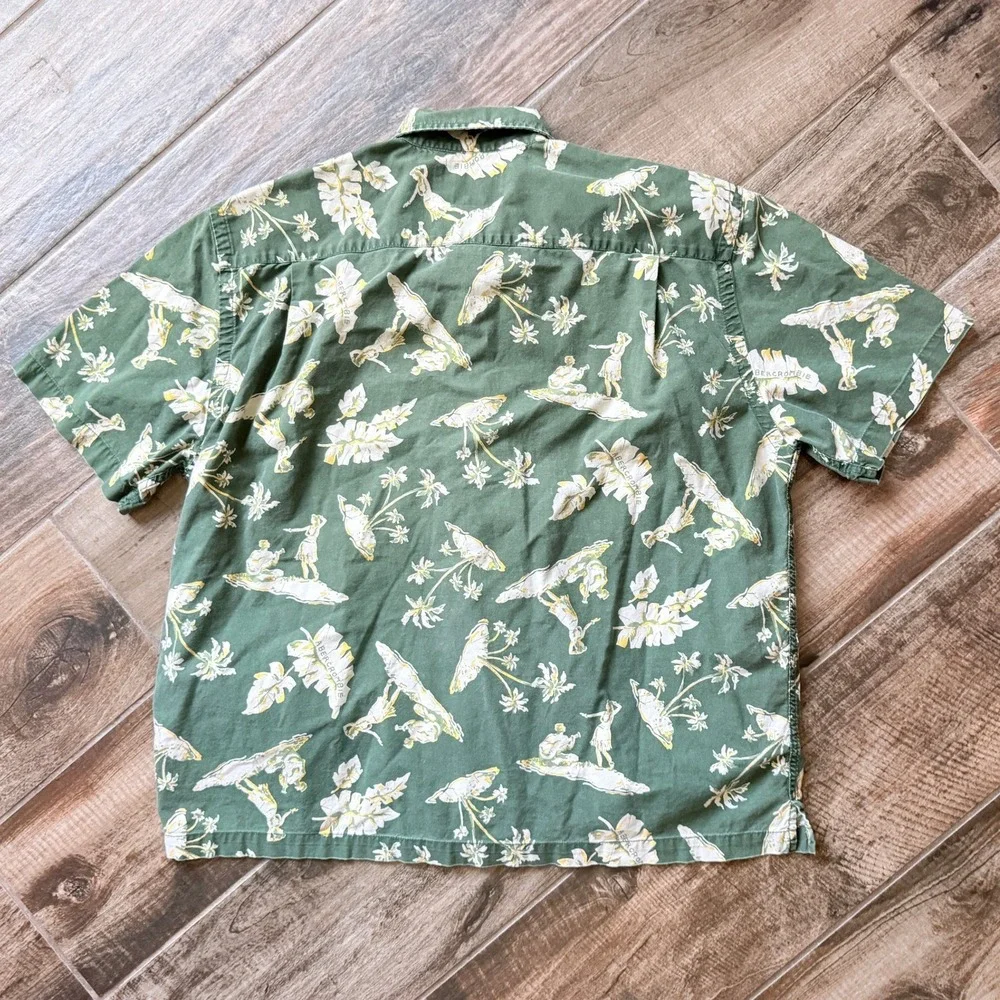 Abercrombie & Fitch Mens Vintage 90s Mens Hawaiian Hula Button Up Shirt, Green,L - Picture 5 of 11